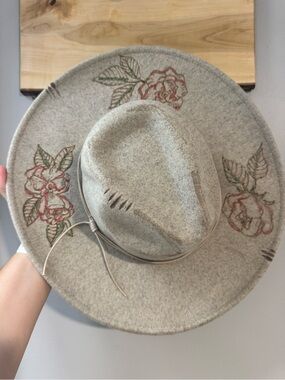 Custom burned Floral Felt Wide-Brim Hat - Grey